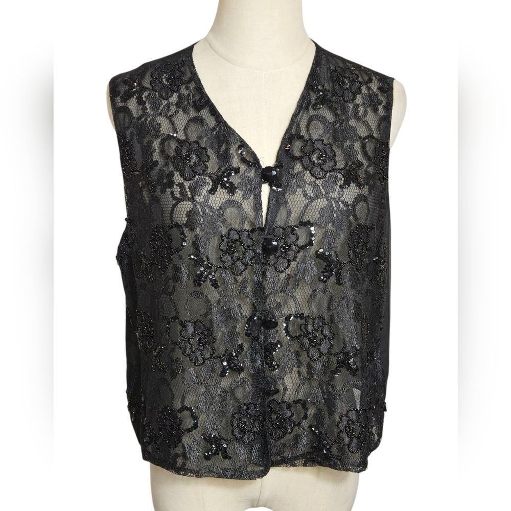 Carole Little Sheer Beaded Black Fairt Lace Floral Vest Top